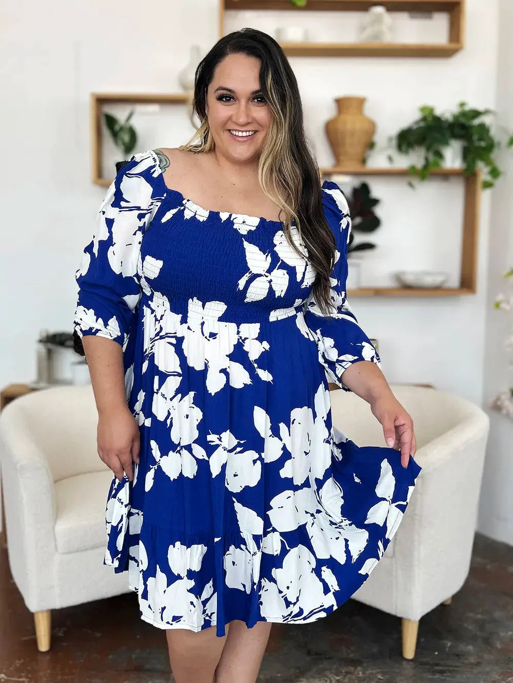 Double Take Full Size Floral Ruffle Hem Smocked Dress with Pockets by Double Take
