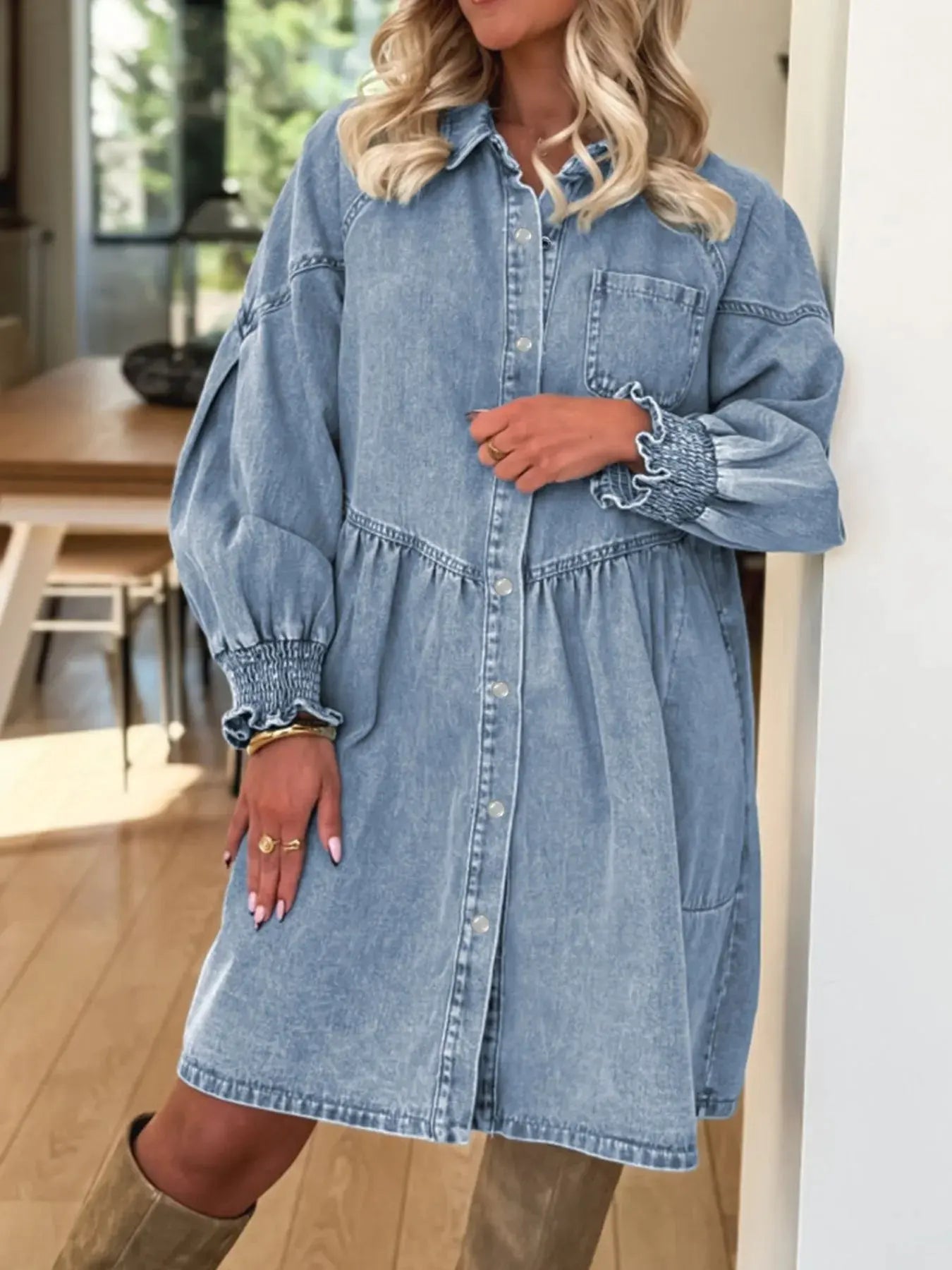 Button-Up Denim Shirt Dress with Smocked Cuffs by Partner Label