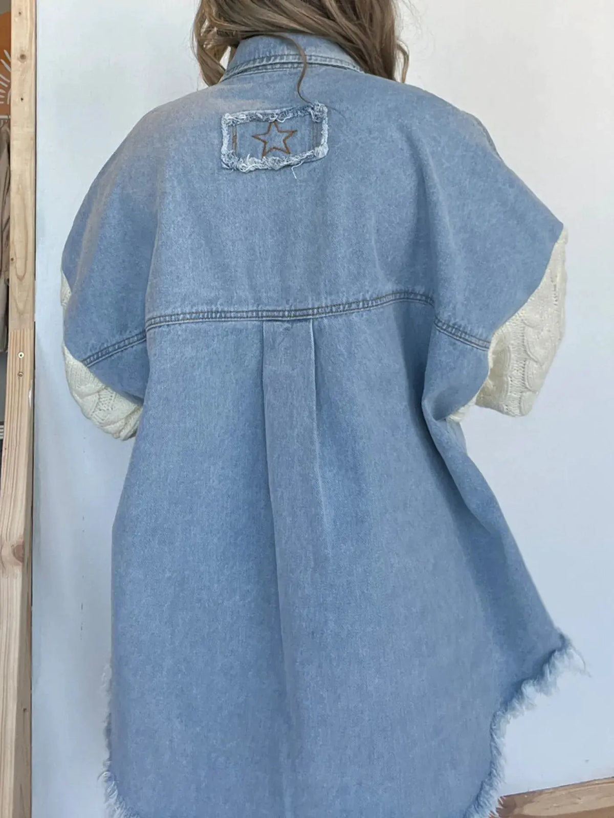 Full Size Raw Hem Button Up Patchwork Denim Jacket Plus Size by Partner Label