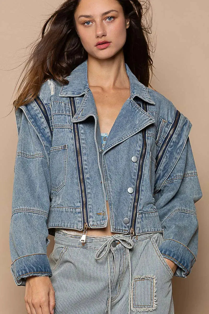 POL Cropped Denim Jacket with Functional Zipper Detail by POL