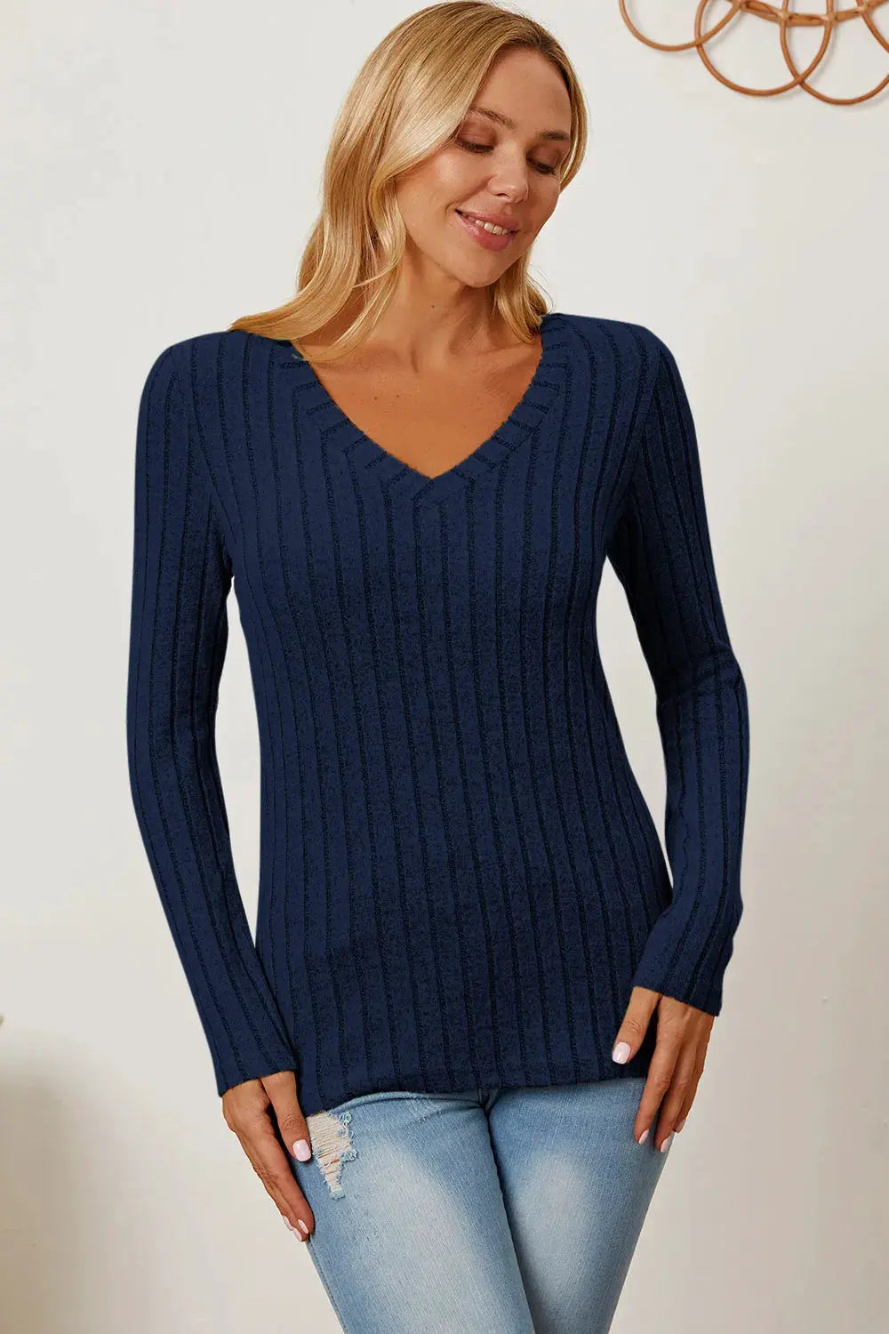 Full Size Ribbed V‑Neck Long Sleeve T‑Shirt | Partner Labels Selection by Partner Label
