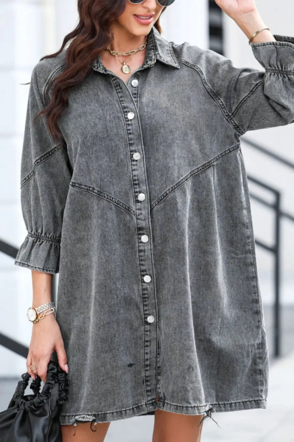 Distressed Collared Neck Flounce Sleeve Denim Dress by Partner Label