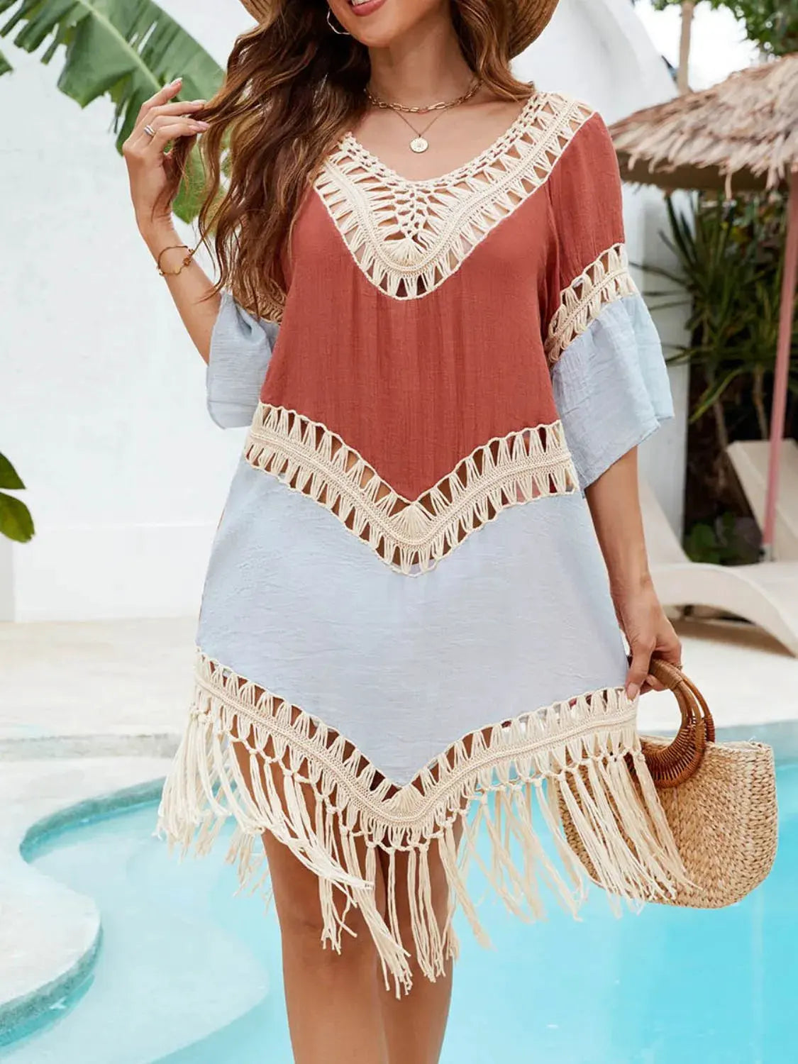 Backless Tassel Hem V-Neck Cover-Up by Partner Labels