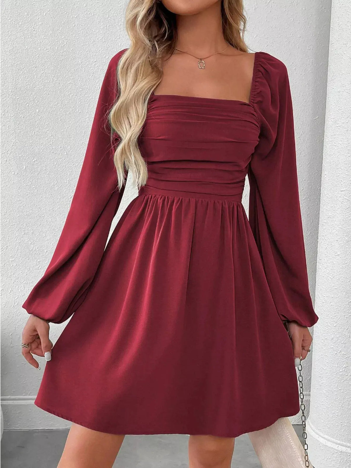 Ruched Square Neck Long Sleeve A-Line Dress by Partner Label