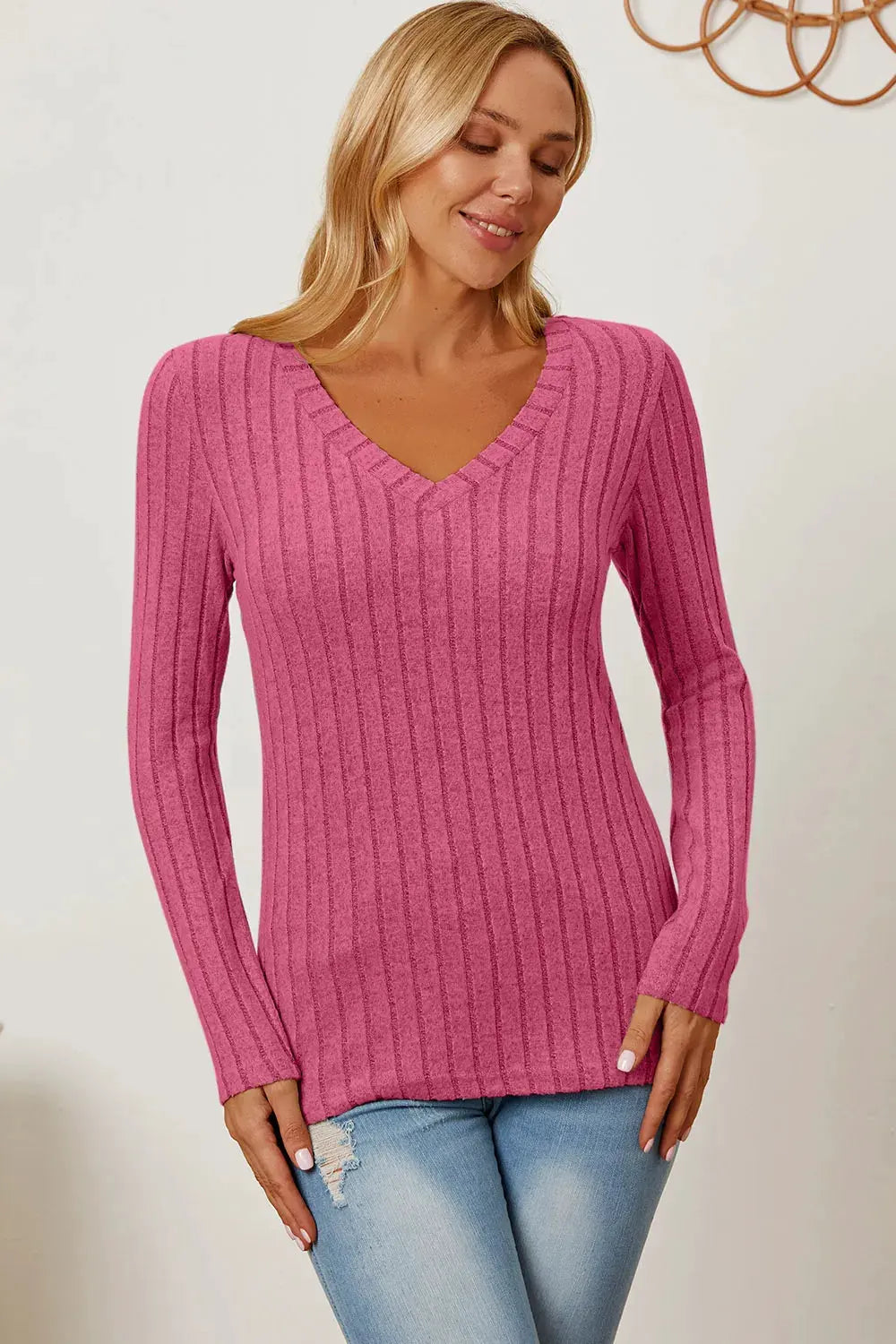 Full Size Ribbed V‑Neck Long Sleeve T‑Shirt | Partner Labels Selection by Partner Label