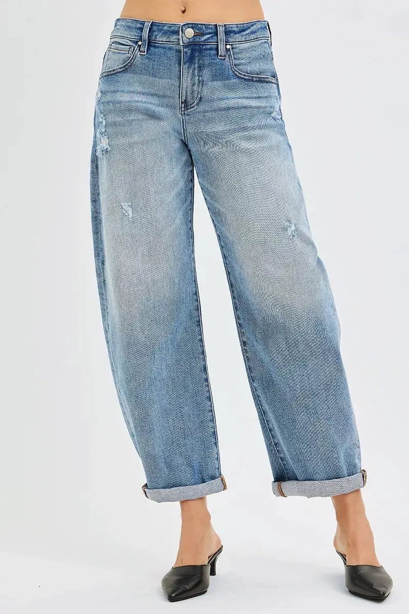 RISEN Full Size Slouchy Ankle Length Barrel Jeans with Cuffs Plus Size by RISEN