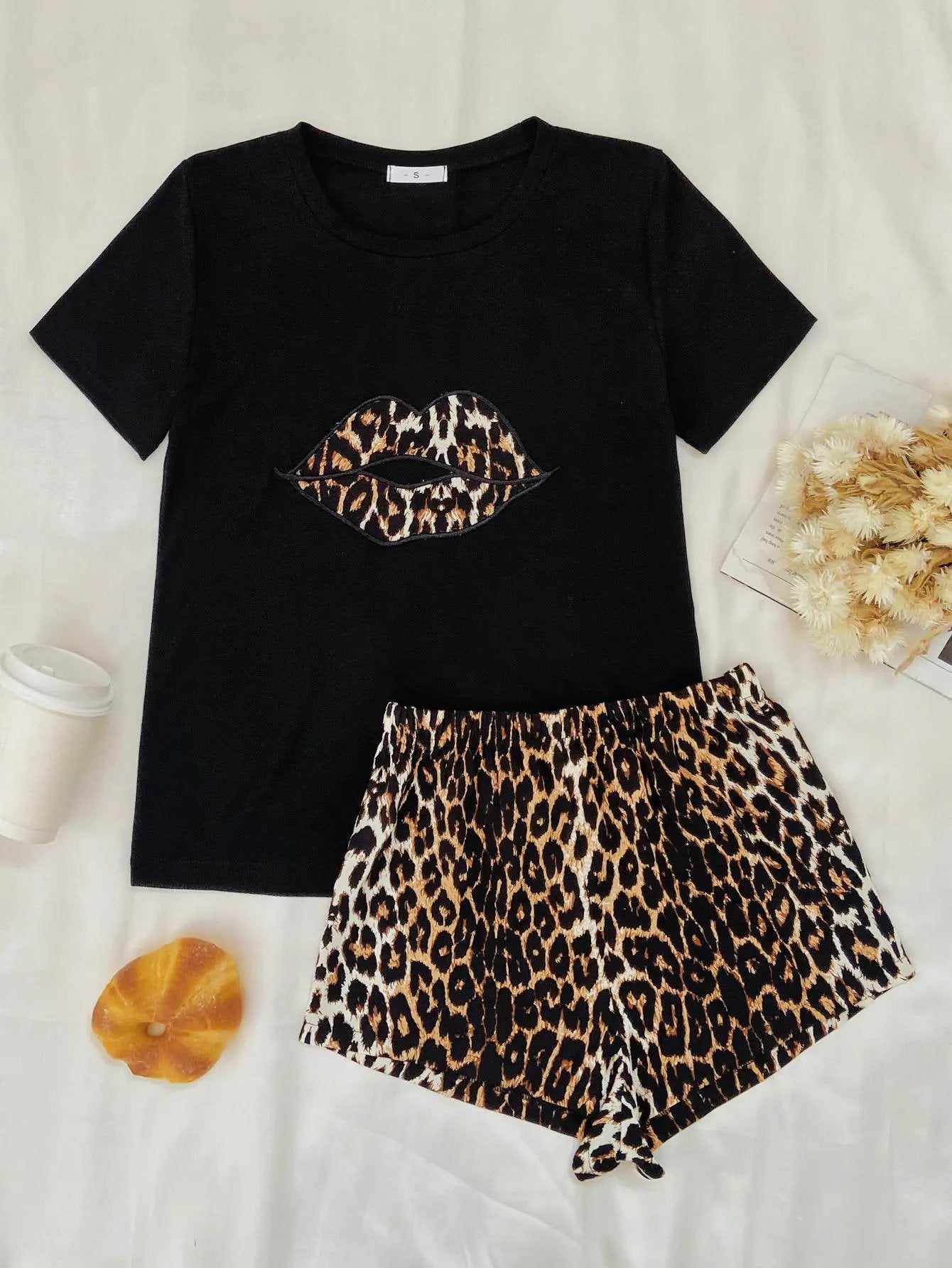 Leopard Lip Graphic Top and Shorts Lounge Set by Partner Label