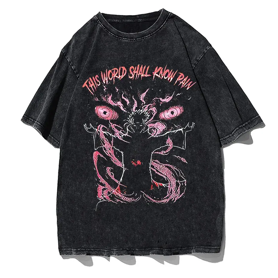 Anime Pain Print Vintage Washed T-Shirt 100% Cotton Harajuku Streetwear by Vimost Shop