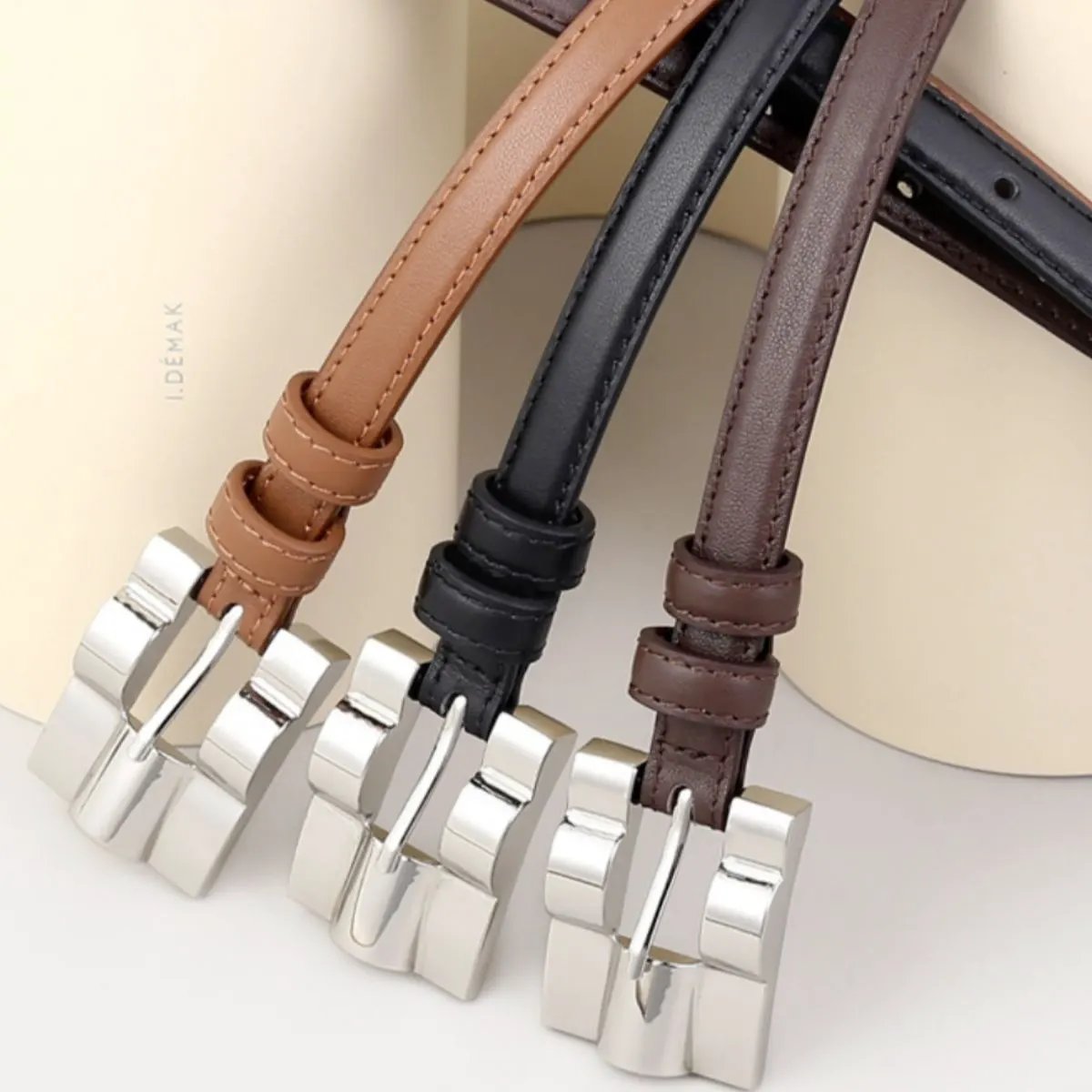 Skinny Leather Belt with Silver Buckle by Trendsi