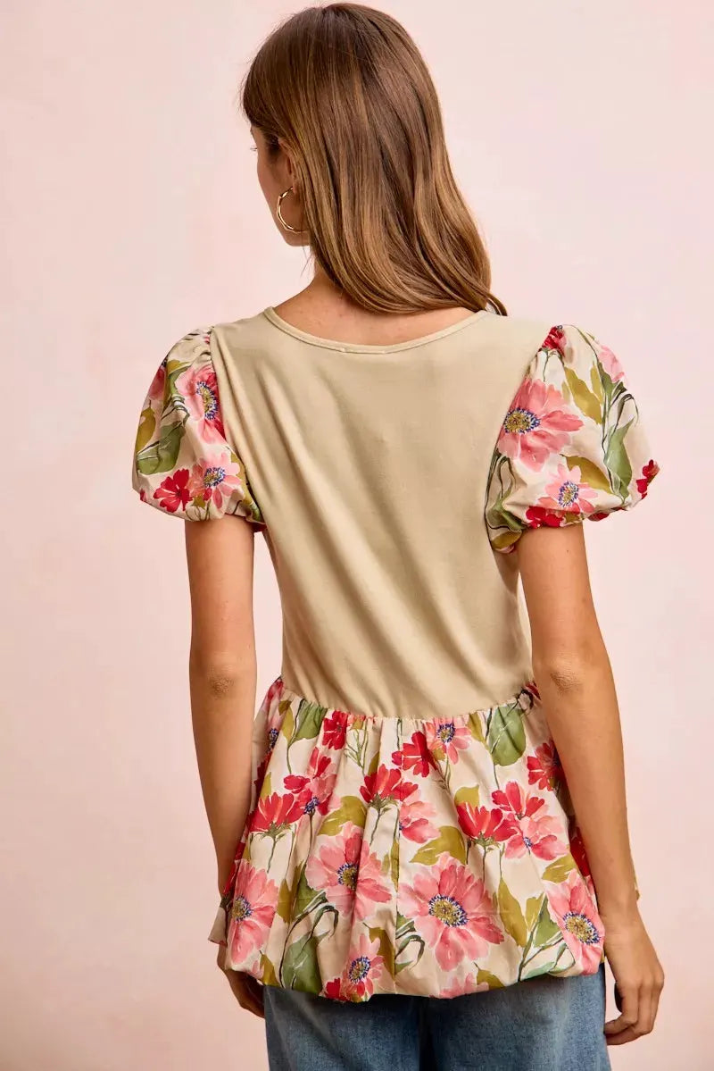 BiBi Floral Printed Bubble Sleeves and Hem Peplum Top by BiBi