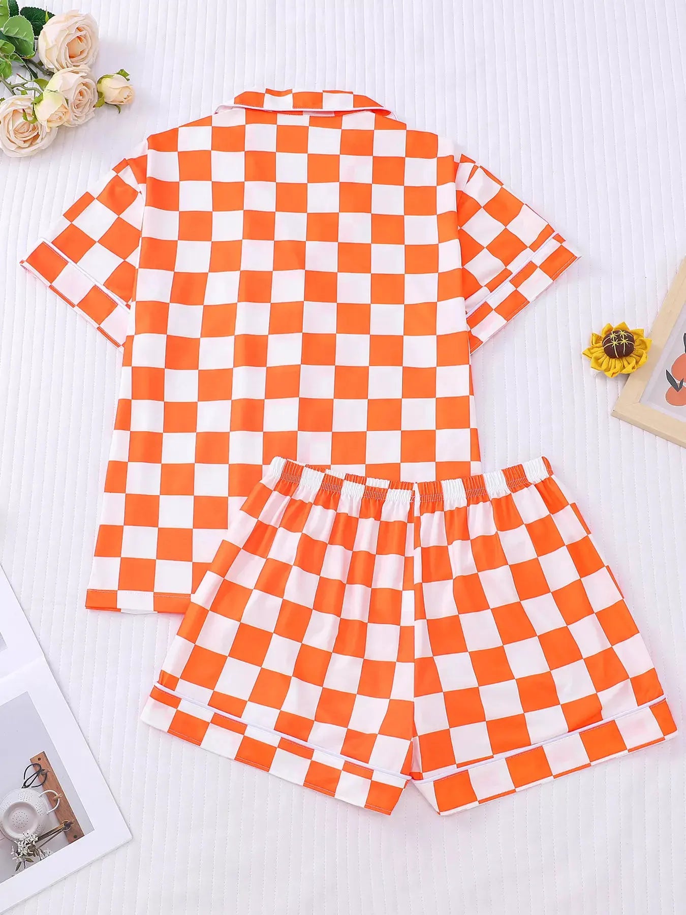 Checkered Print Button Up Top and Shorts Lounge Set by Partner Label
