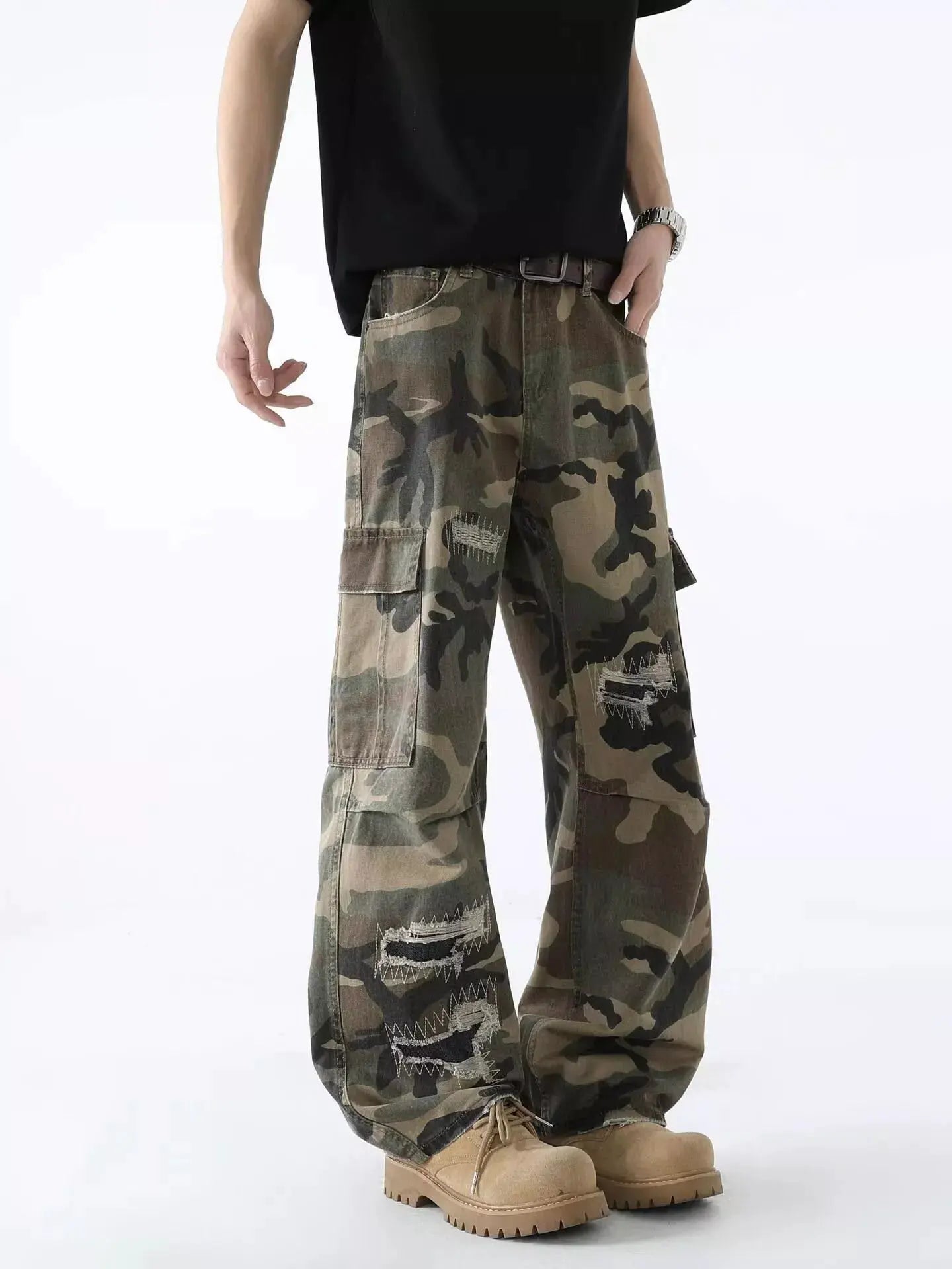 Men's Full Size Distressed Camouflage Wide Leg Jeans Plus Size by Partner Label
