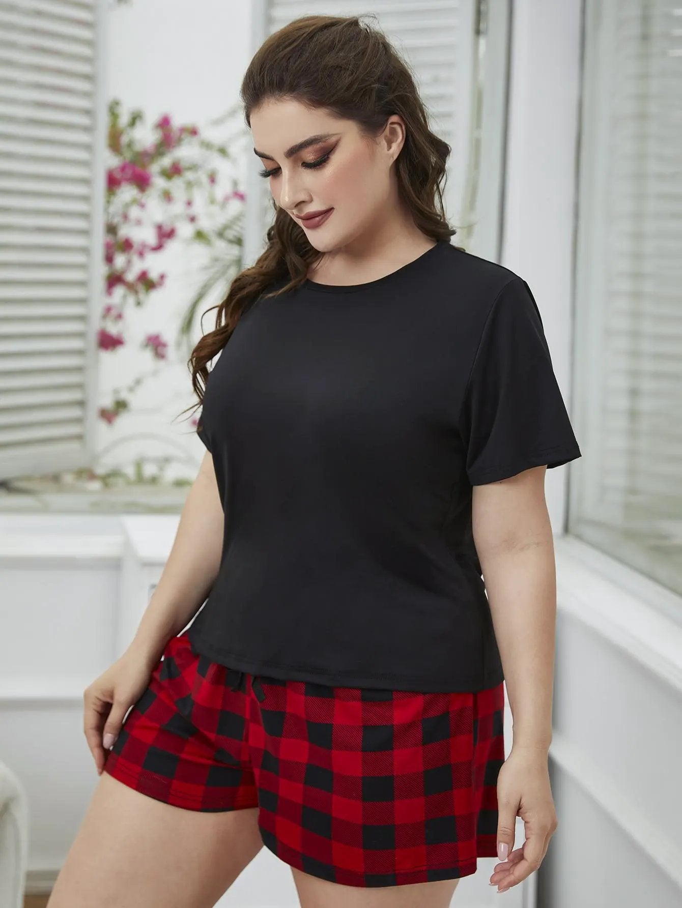 Plus Size Round Neck Tee Shirt and Plaid Shorts Lounge Set by Partner Label