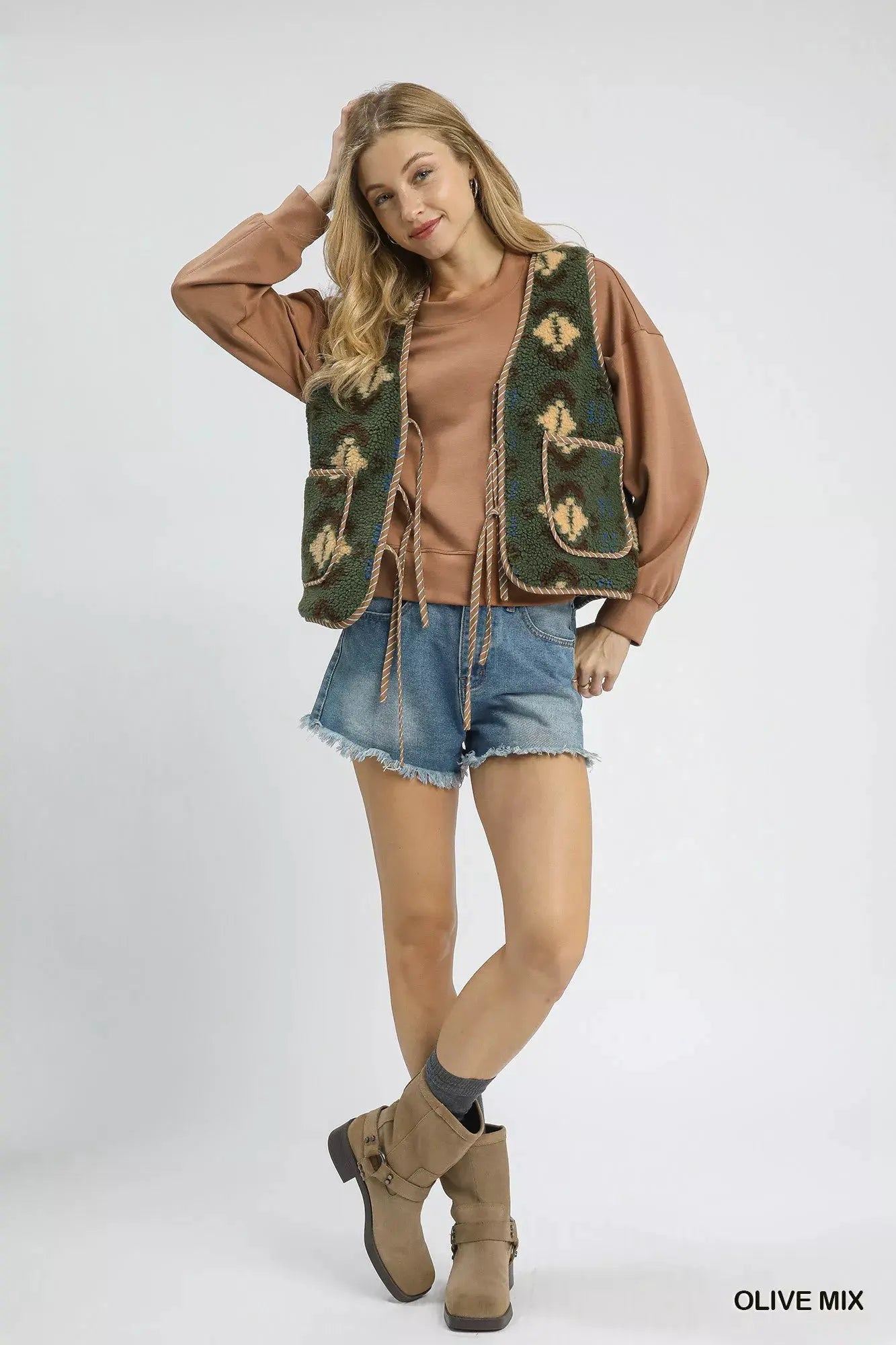 Umgee Mix Patterned Sherpa Tie-Front Vest by Umgee