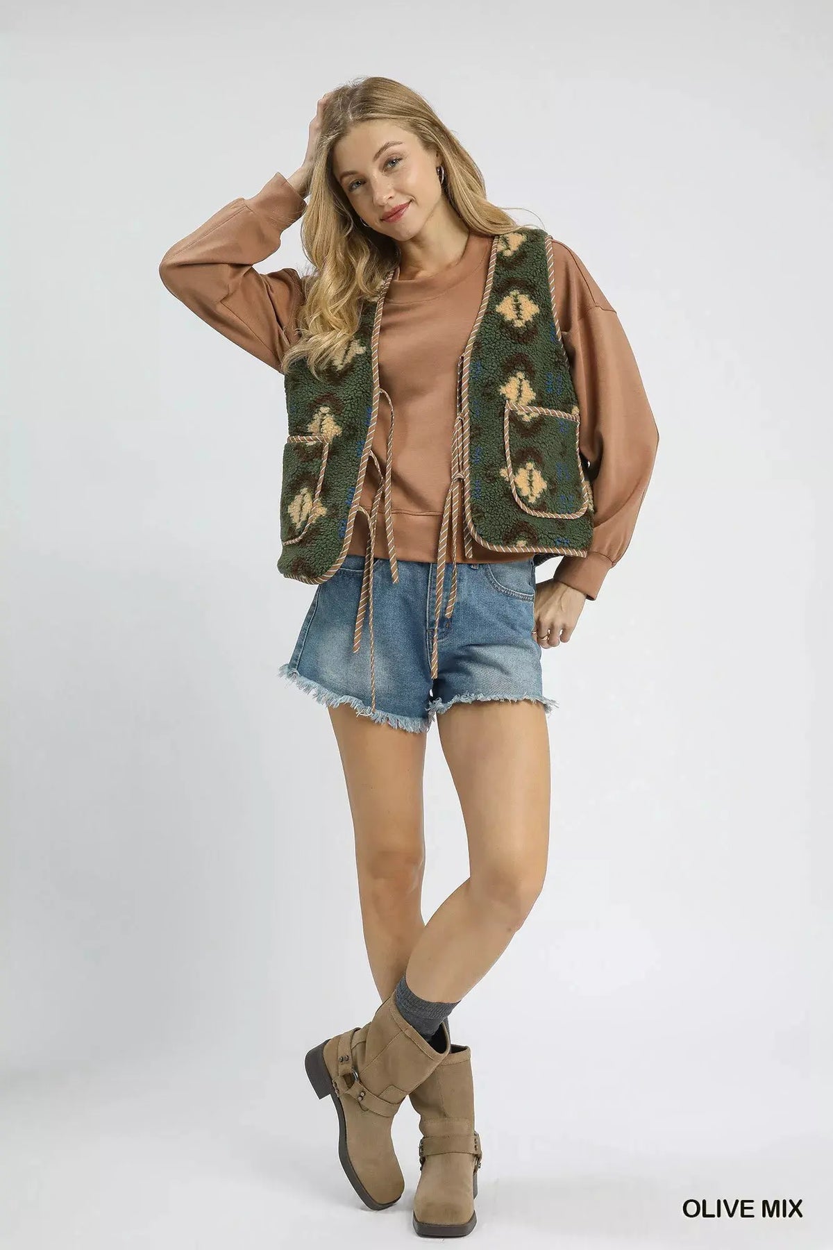 Umgee Mix Patterned Sherpa Tie-Front Vest by Umgee