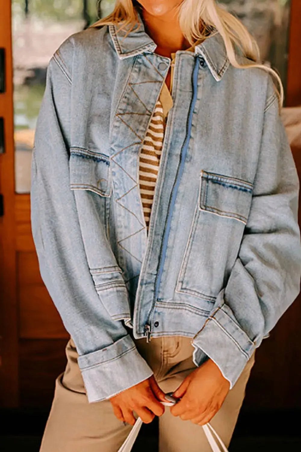 Zip Up Drop Shoulder Denim Jacket by Partner Label
