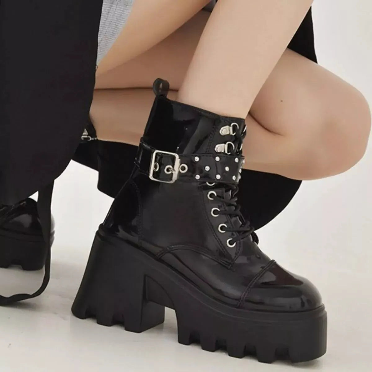Platform Ankle Boots with Buckle and Studded Detail by Partner Label