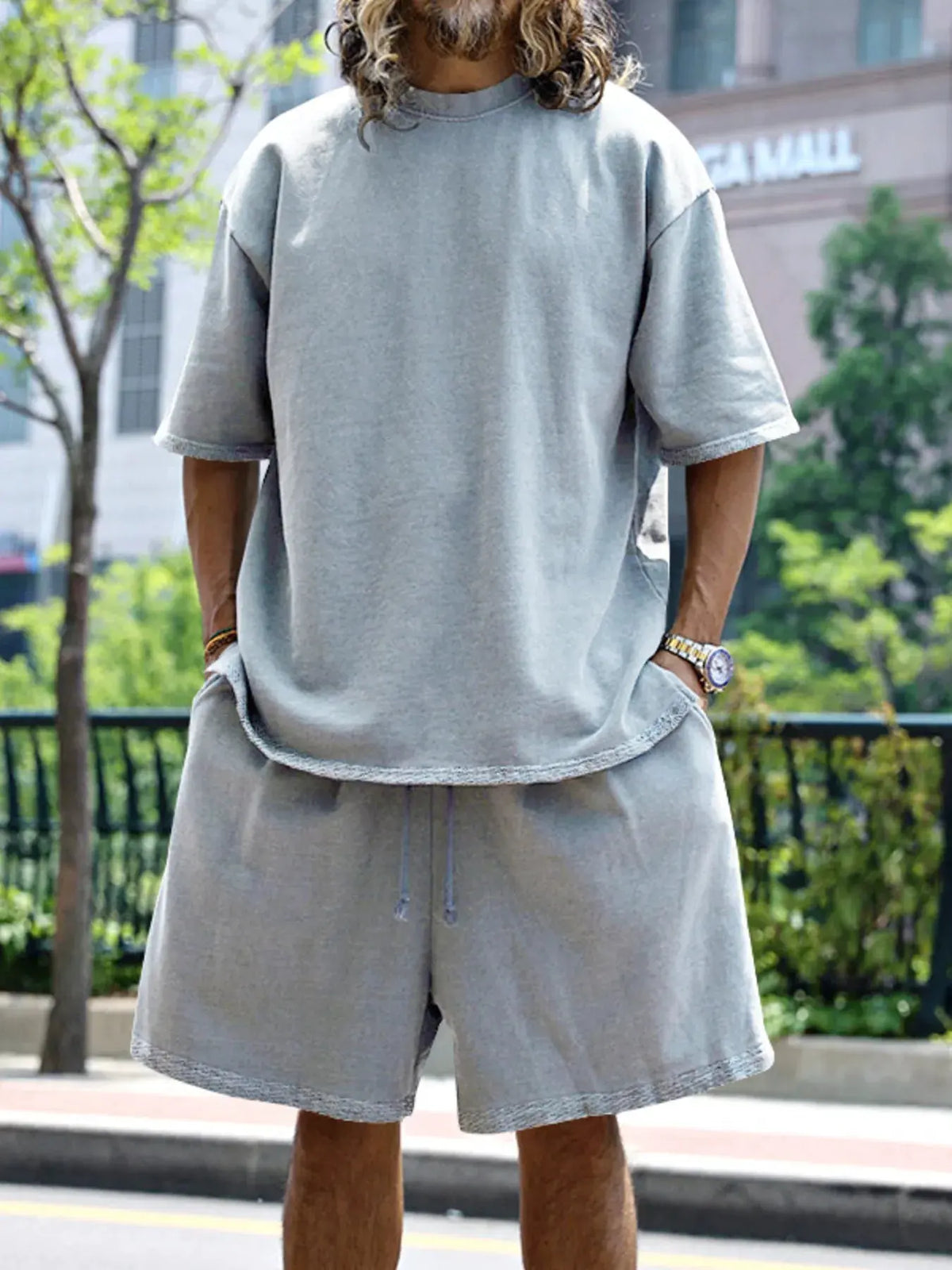 Men's Full Size Round Neck Short Sleeve Top and Shorts Set Plus Size by Partner Label
