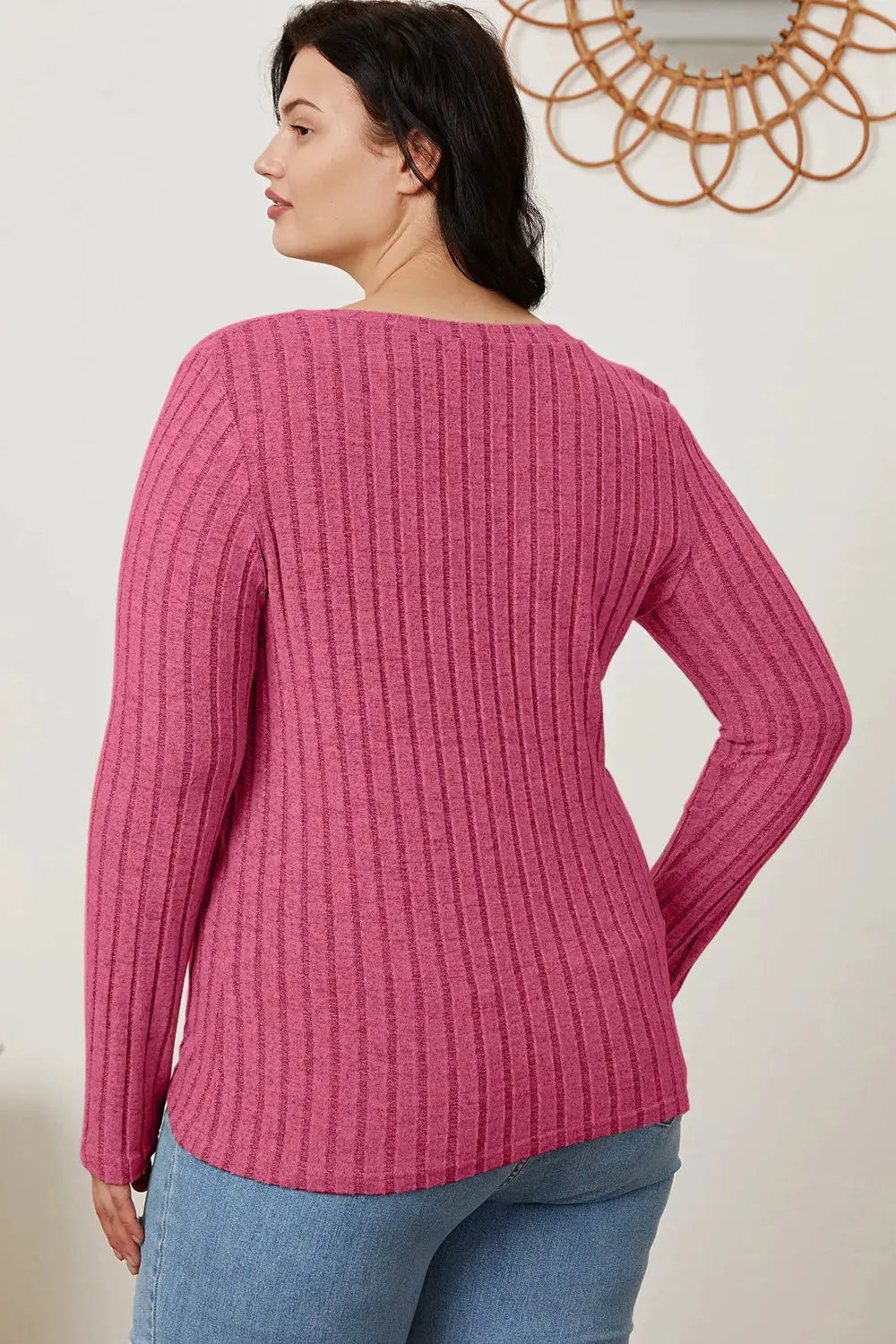 Full Size Ribbed V‑Neck Long Sleeve T‑Shirt | Partner Labels Selection by Partner Label