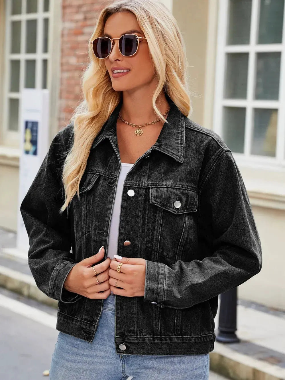 Pocketed Collared Neck Denim Jacket by Partner Label