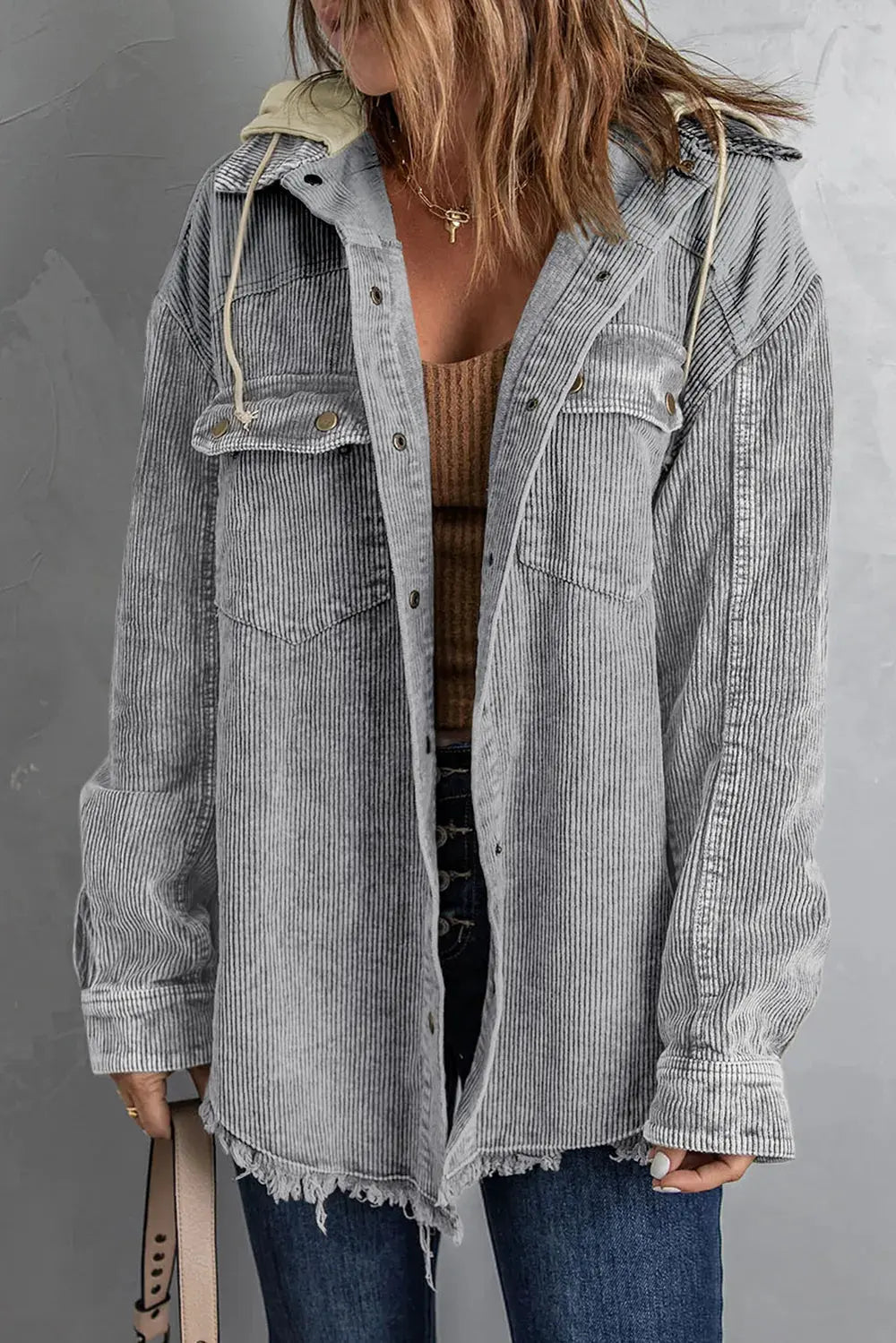 Snap Front Hooded Corduroy Shacket by Partner Label