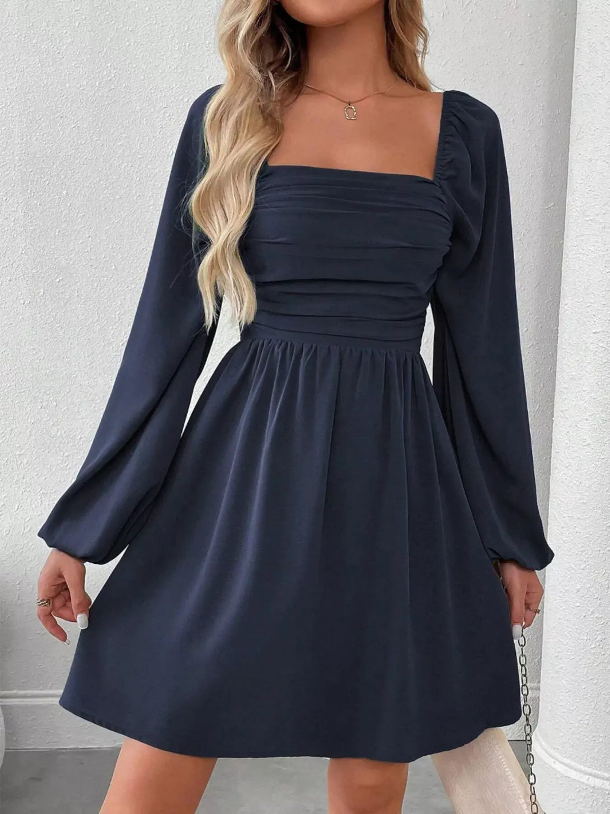 Ruched Square Neck Long Sleeve A-Line Dress by Partner Label