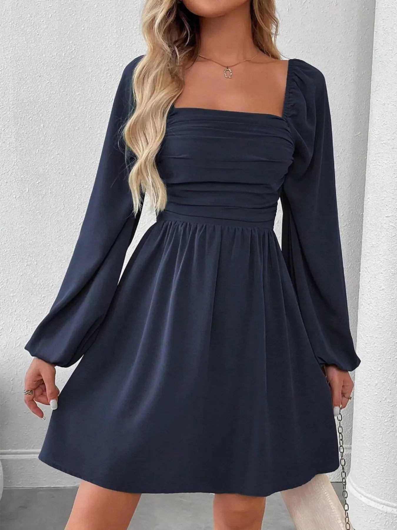 Ruched Square Neck Long Sleeve A-Line Dress by Partner Label