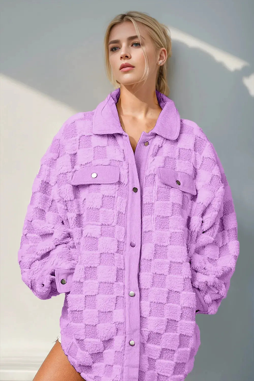 Double Take Button Up Fuzzy Checkered Shacket by Partner Label