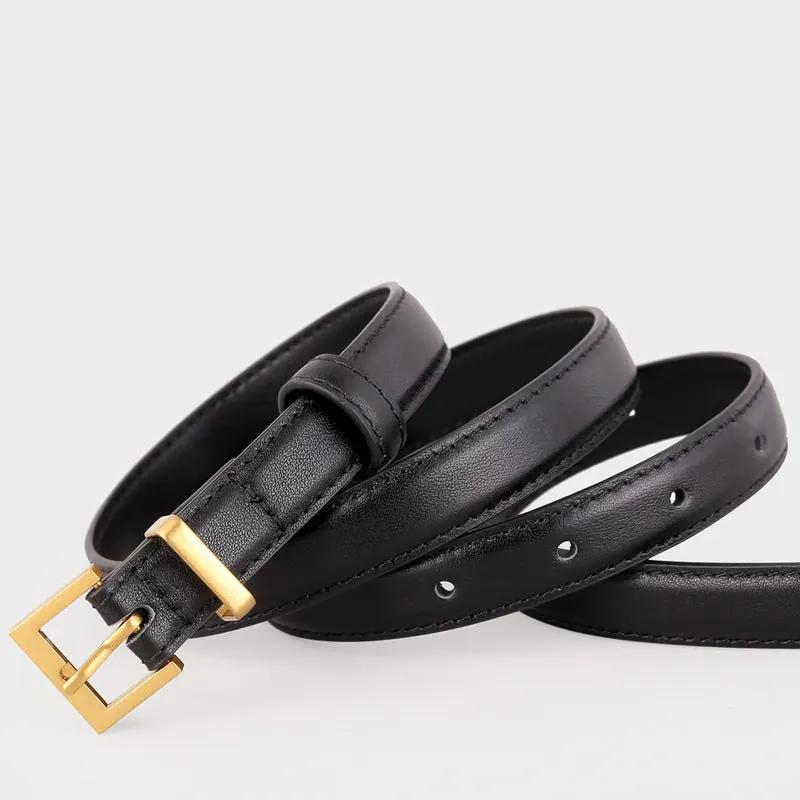 Leather Skinny Belt with Golden Buckle by Trendsi