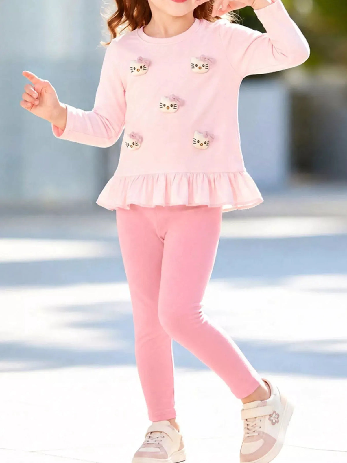 Children's Cat Ruffled Hem Top and Leggings Set by Trendsi