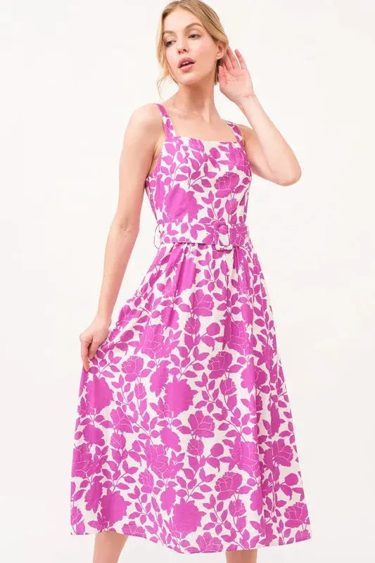 And The Why Square Neck Belted Floral Printed Midi Dress by And The Why