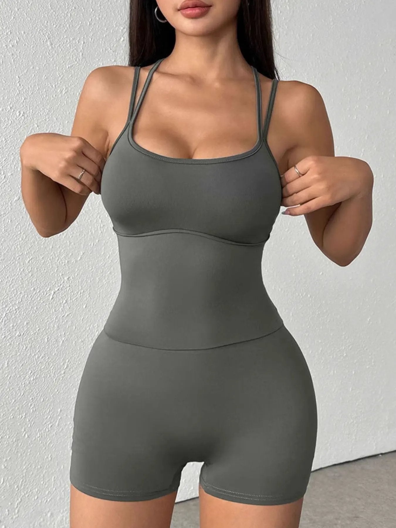Double Spaghetti Strap Active Romper by Trendsi