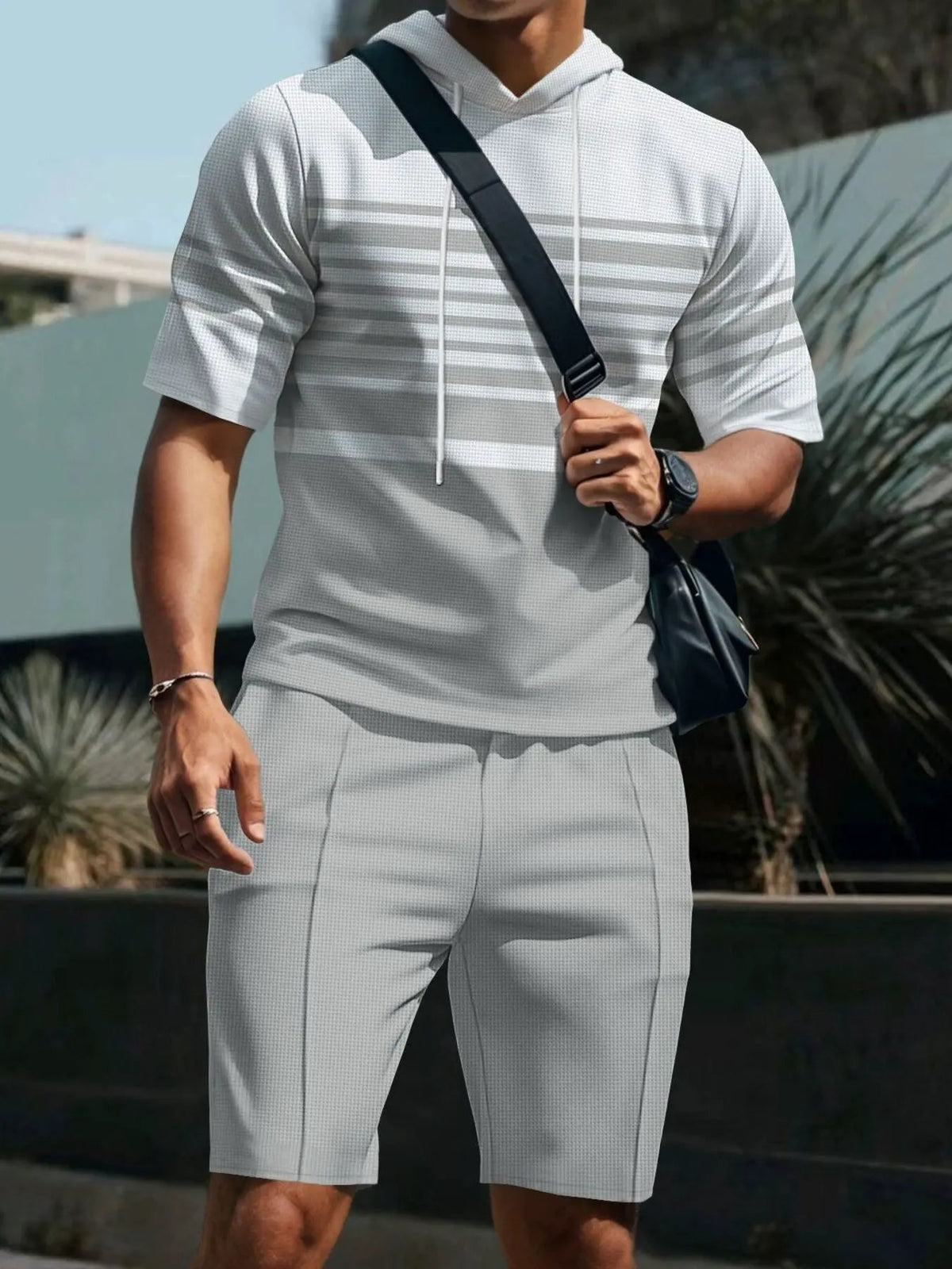 Men's Full Size Striped Short Sleeve Hoodie and Shorts Set Plus Size by Trendsi