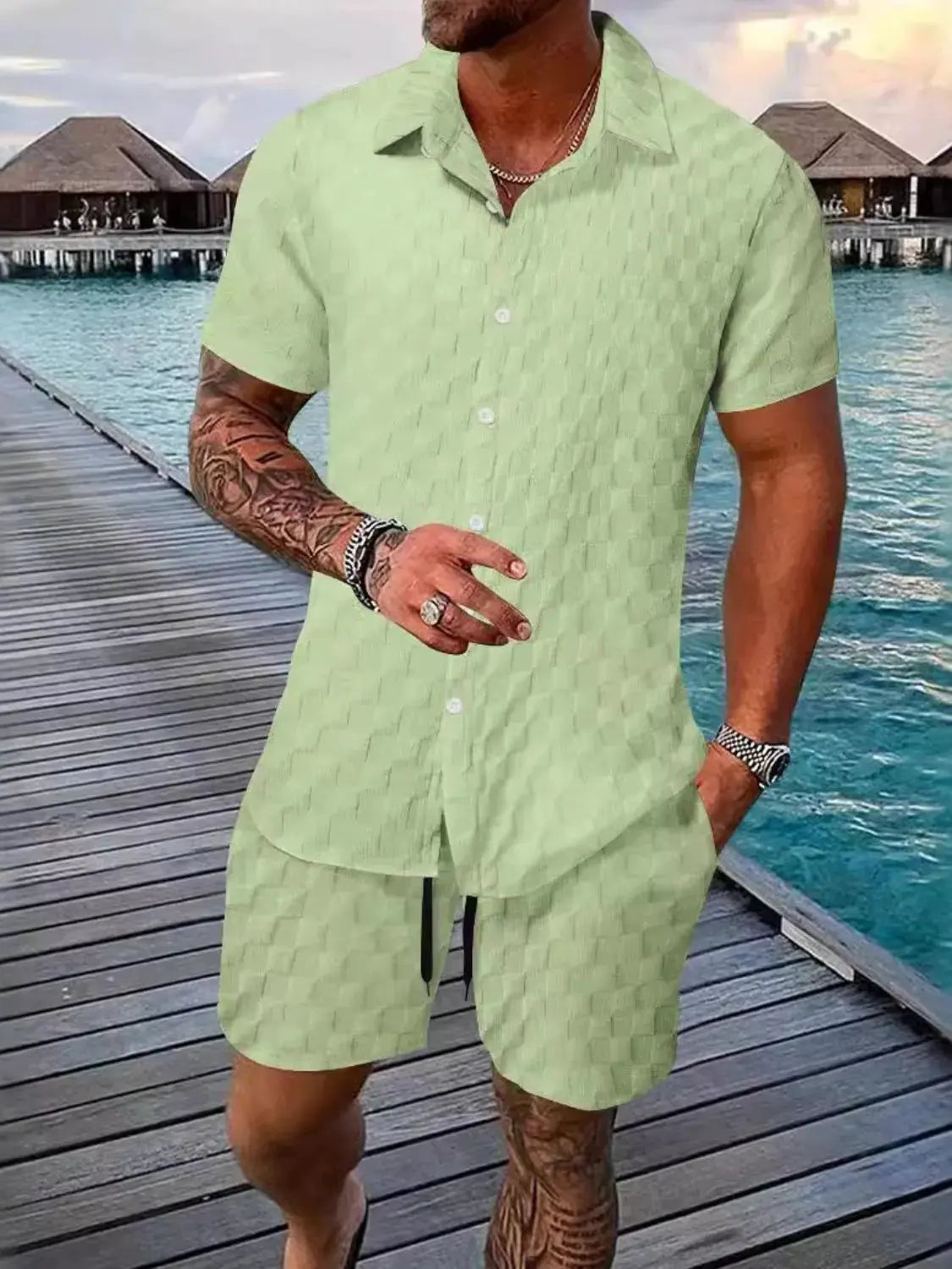 Men's Full Size Collared Neck Short Sleeve Top and Shorts Set Plus Size by Trendsi