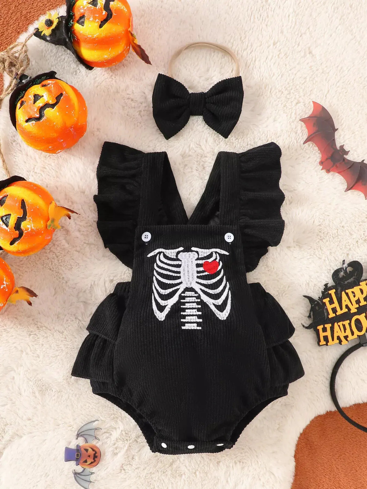 Children's Halloween Skeleton Ruffle Bodysuit and Bow Headband Set by Trendsi