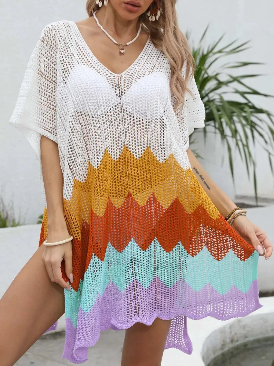 Openwork V-Neck Half Sleeve Cover-Up by Partner Labels