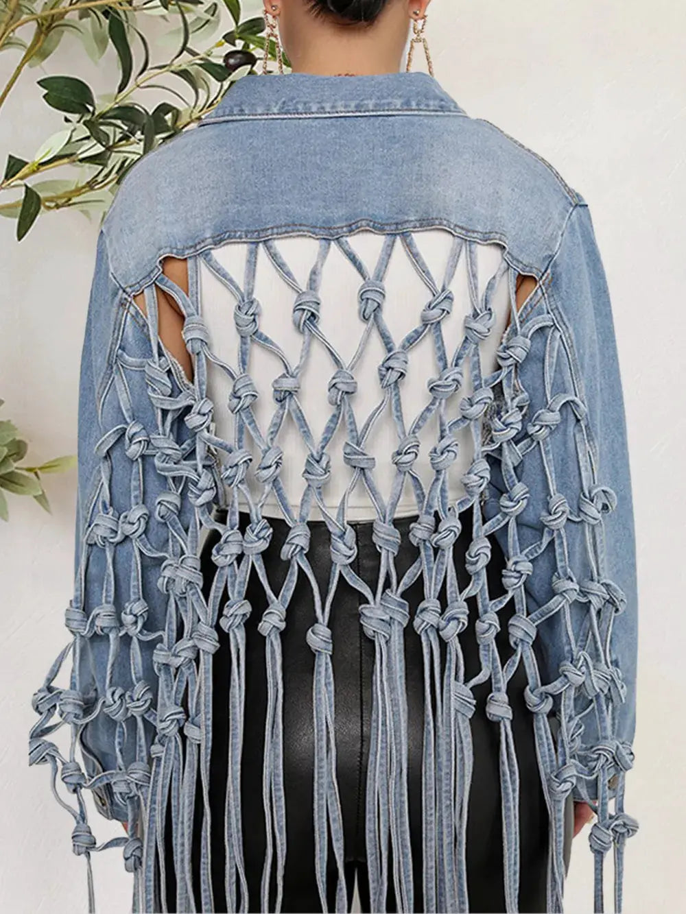 Tie Detail Button Up Denim Jacket with Pockets by Partner Label