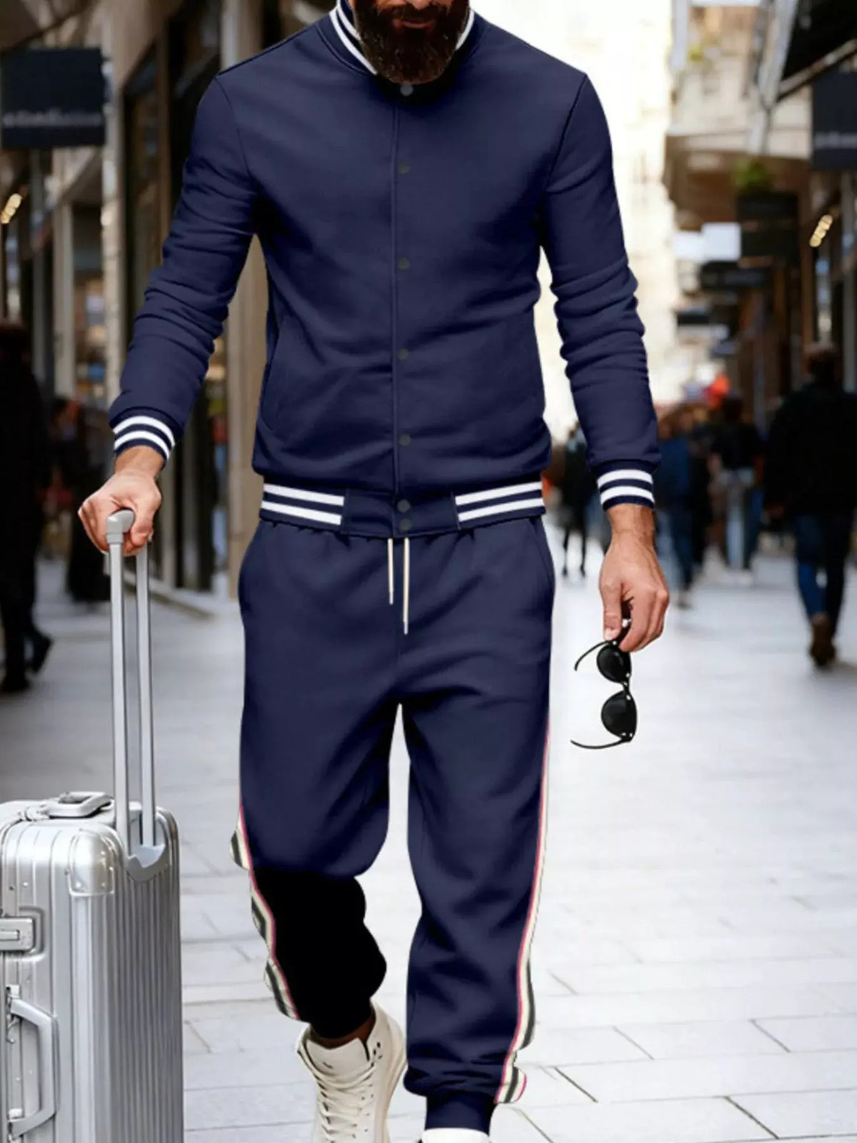 Men's Full Size Striped Snap Down Top and Pants Set Plus Size by Trendsi