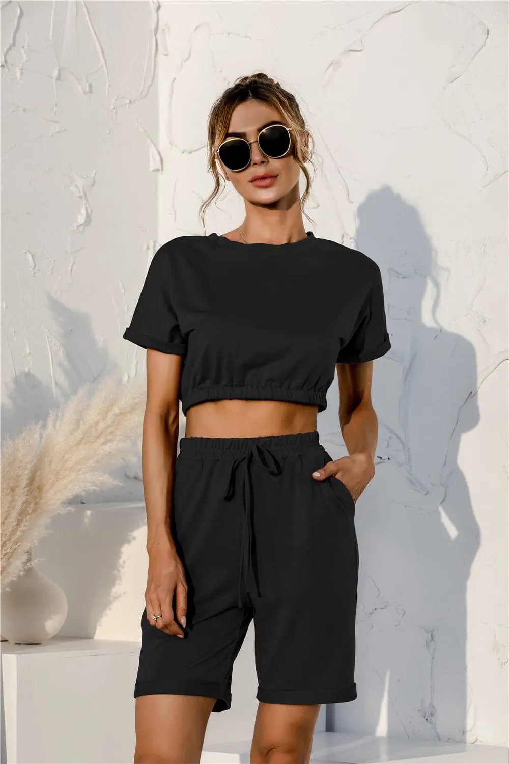 Short Sleeve Cropped Top and Drawstring Shorts Lounge Set by Partner Label