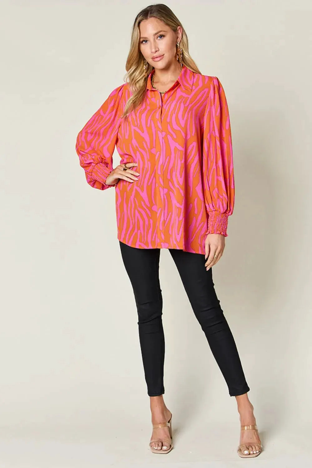 Double Take Full Size Printed Smocked Long Sleeve Blouse Plus Size by Double Take