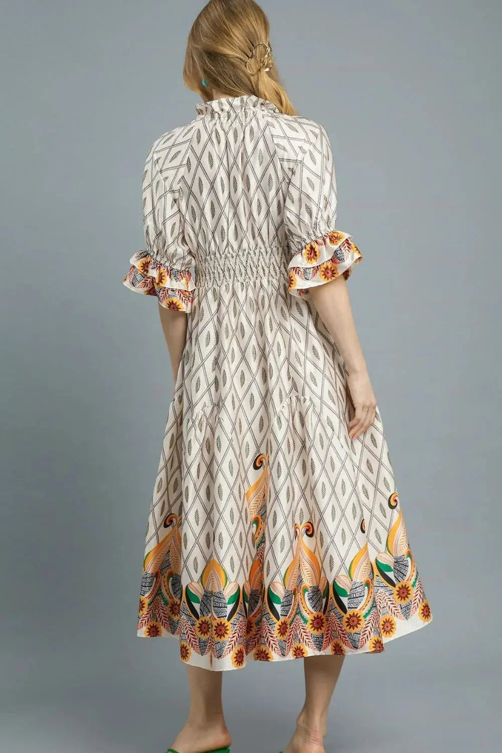 Umgee Printed Smocked Waist Flounce Sleeve Midi Dress by Umgee USA