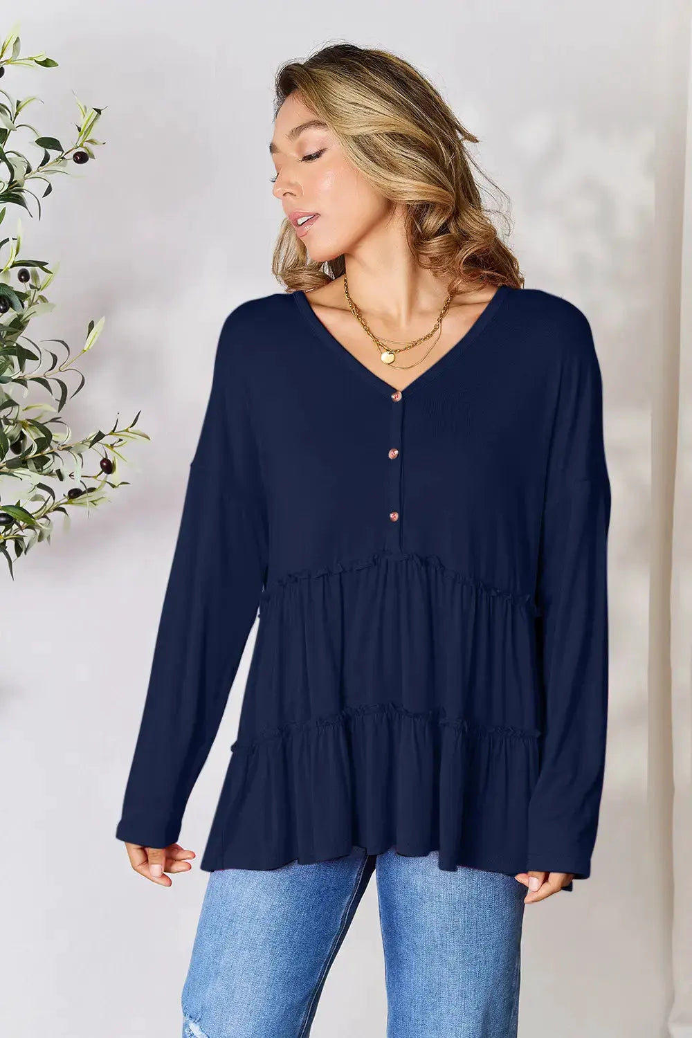 Double Take Half Button Long Sleeve Ruffle Hem Blouse by Double Take