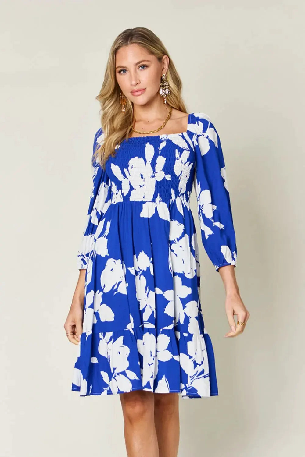 Double Take Full Size Floral Ruffle Hem Smocked Dress with Pockets by Double Take