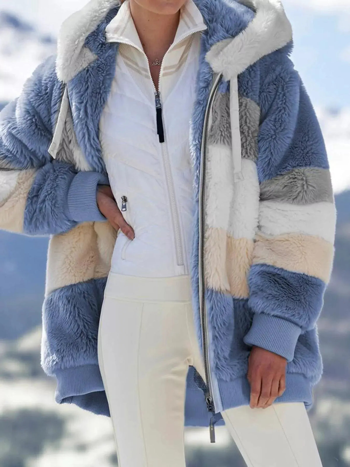 Full Size Fuzzy Zip Up Hooded Outerwear Plus Size | Partner Labels Selection by Partner Label