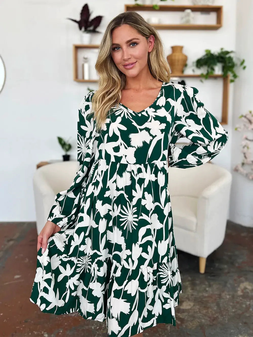 Double Take Full Size Printed Ruffle Hem Dress with Pocket by Double Take