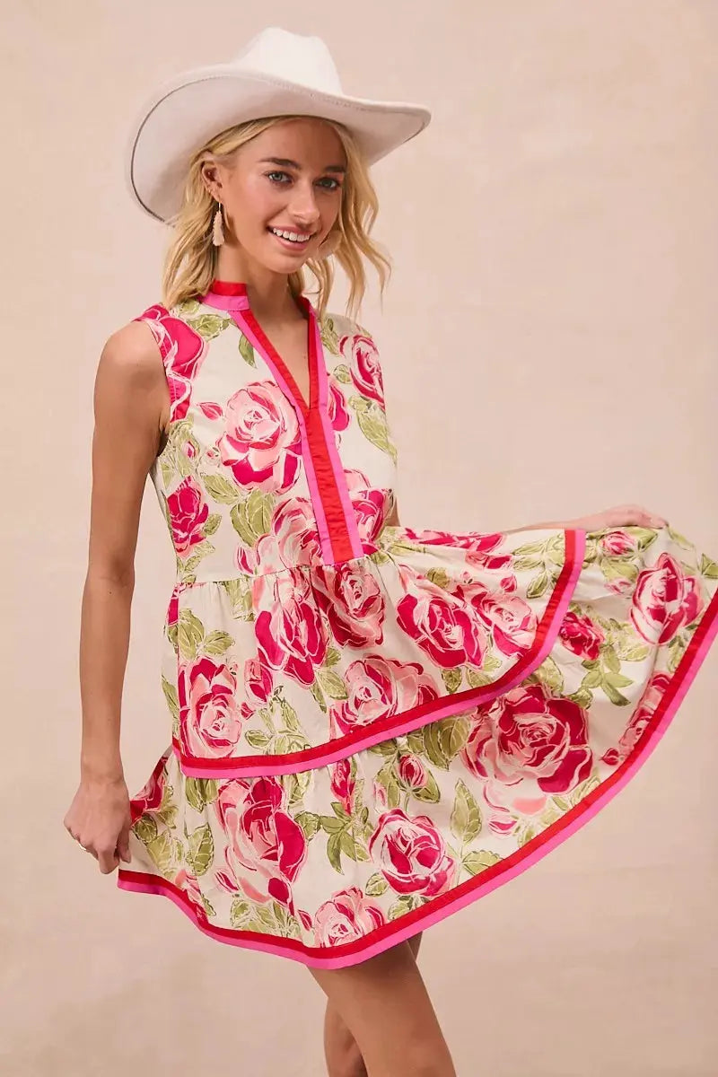 BiBi Floral Woven Contrast Edge Tiered Ruffle Mini Dress by BiBi