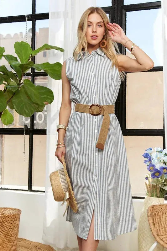 ADORA Striped Button Down Sleeveless Midi Dress by ADORA