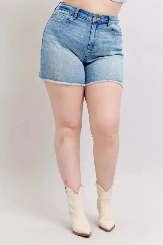 Judy Blue Full Size High Waist Western Embroidery Detail Cut Off Denim Shorts Plus Size by Judy Blue
