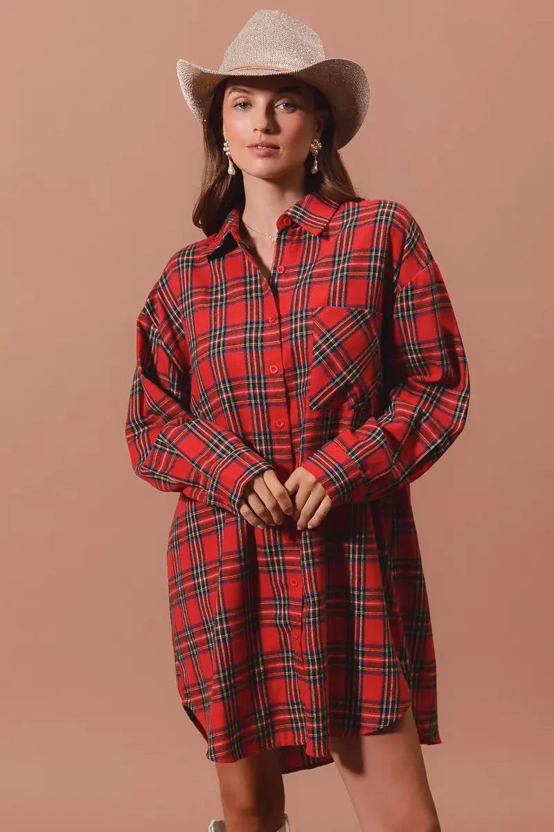 SO ME Christmas Checker Plaid Button Up Shirt Dress by SO ME