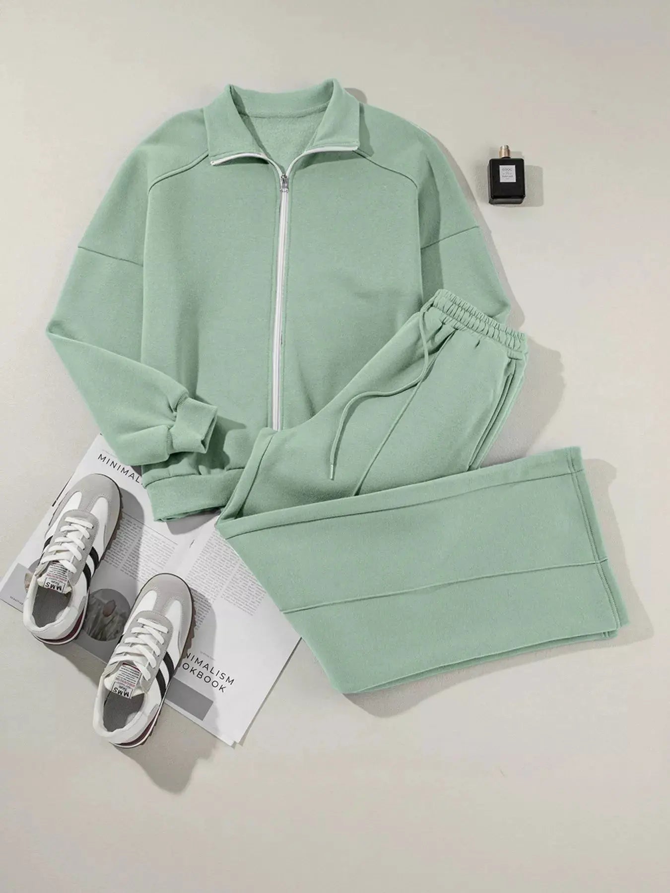 Drop Shoulder Zip Up Jacket and Drawstring Pants Active 2pcs Set by Partner Label